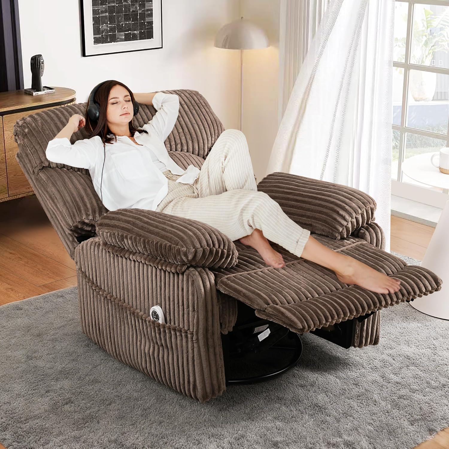 GRAINELL Swivel Rocker Recliner Chair with Massage and Heat, USB Charging Port, Infinite Position Power Recliner, Electric Glider Rocking Chairs for Living Room, Nursery (Brown)