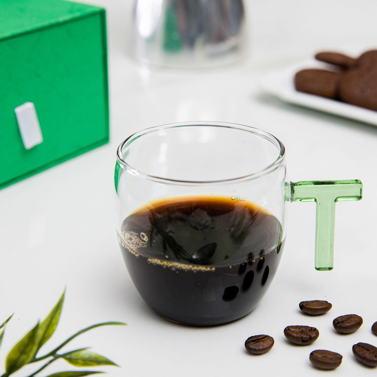Tazzina caffè lettera T verde in vetro borosilicato, 150 ml