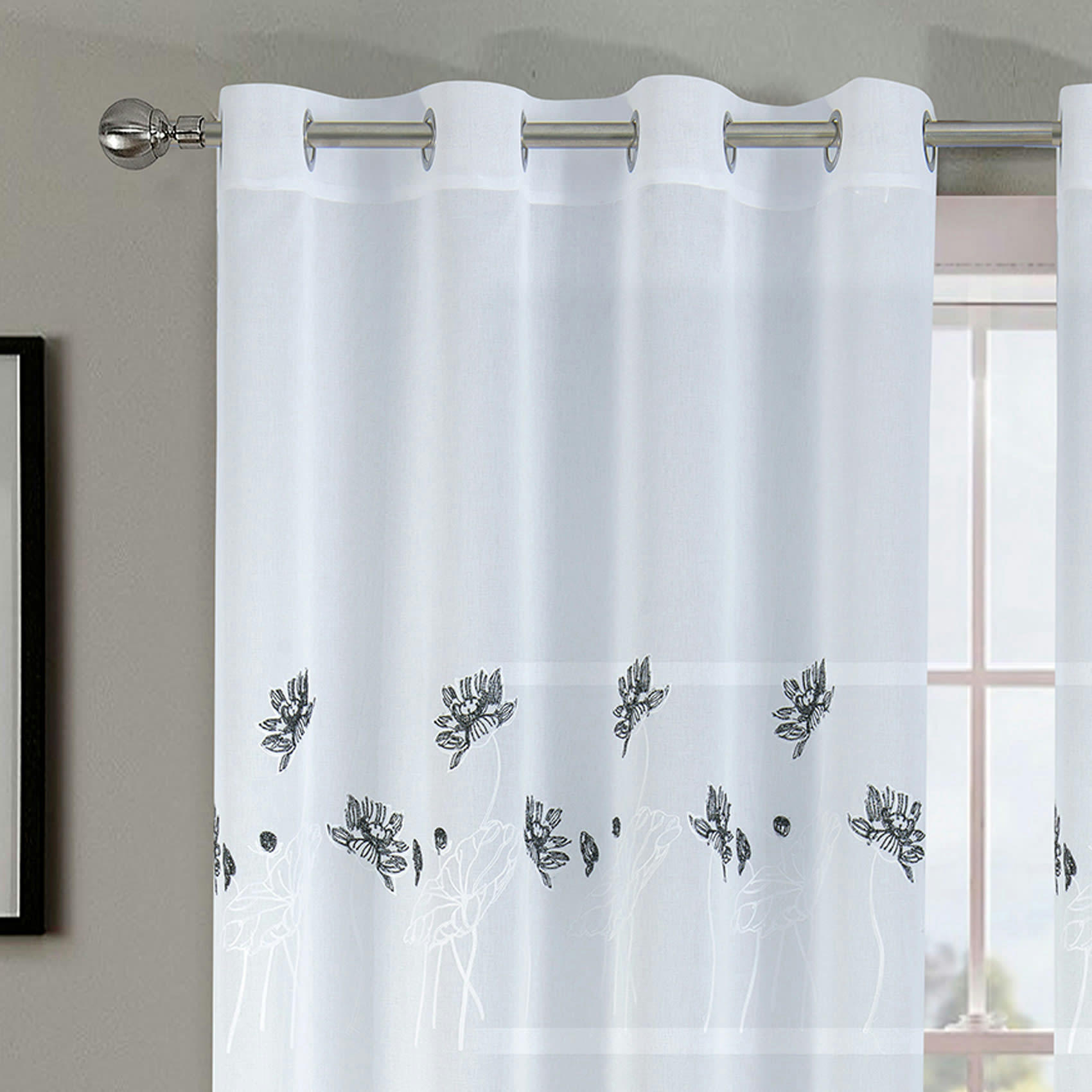 - Paire de voilage fleurie et plombée polyester noir 140x260 cm