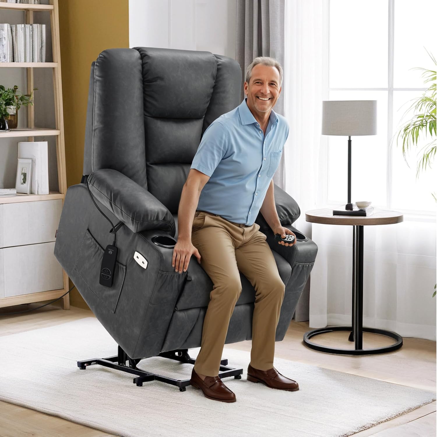 MCombo Power Lift Recliner Chair for Elderly, Lift Chair with Heat and Massage, USB Ports, Cup Holders, Faux Leather 7519 (Medium, Dark Grey)