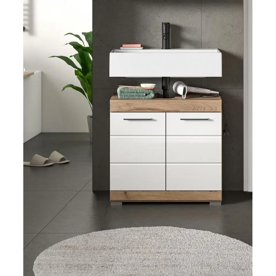 Hioshop Wave wastafel 2 deuren wit hoogglans- eiken decor