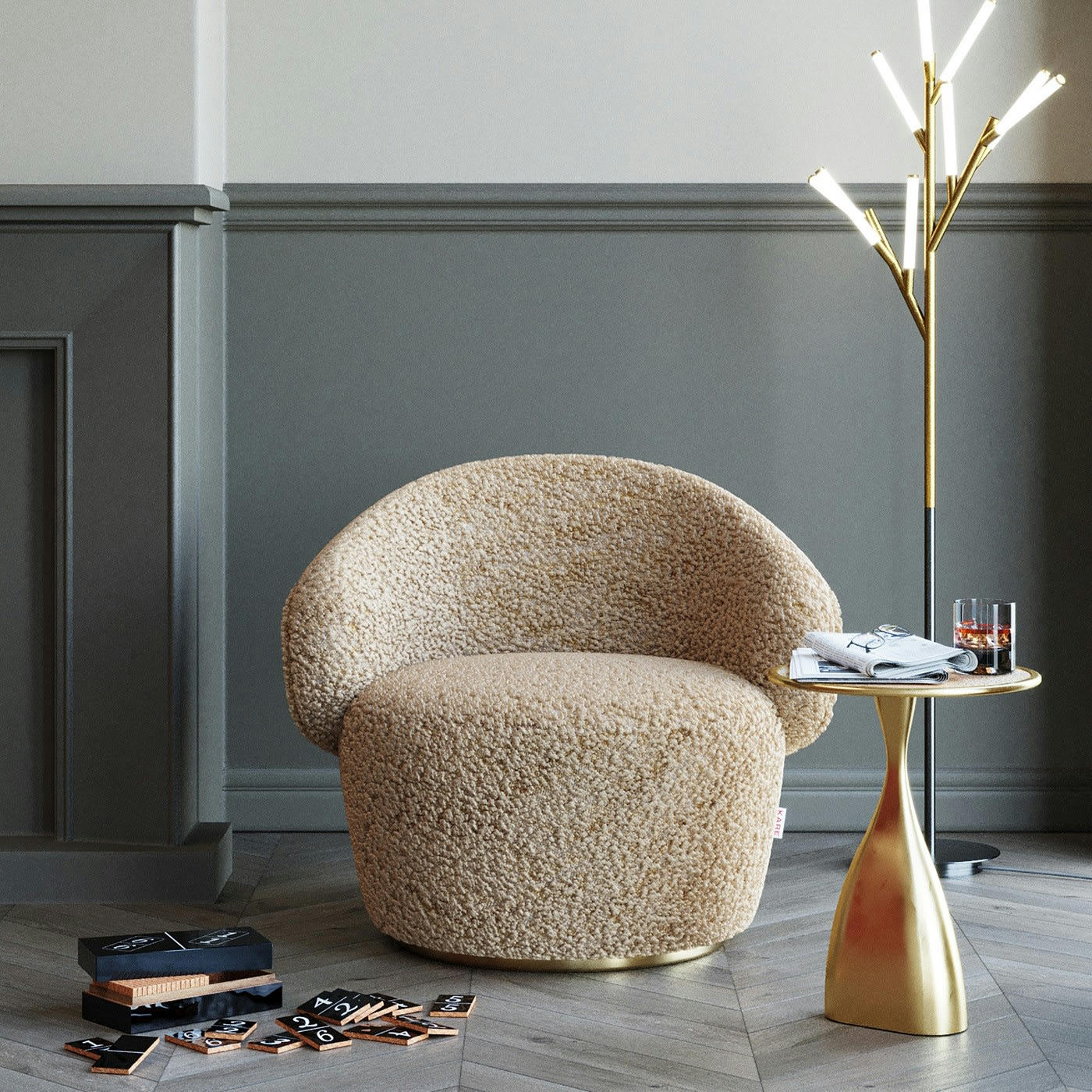 CARELLA - Fauteuil pivotant en fausse fourrure taupe