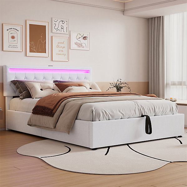 Lit adulte lit 160x200 cm lit rembourré lit de rangement avec lumière ambiante lit double lin blanc