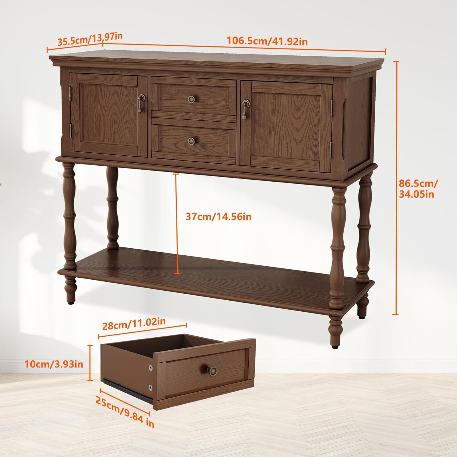 ARTPOWER Console Table for Entryway, Retro Wooden Table with Storage, 2 Doors & Drawers and Open Shelf, Behind Couch Sofa Table for Living Room, Foyer, Hallway, Brown