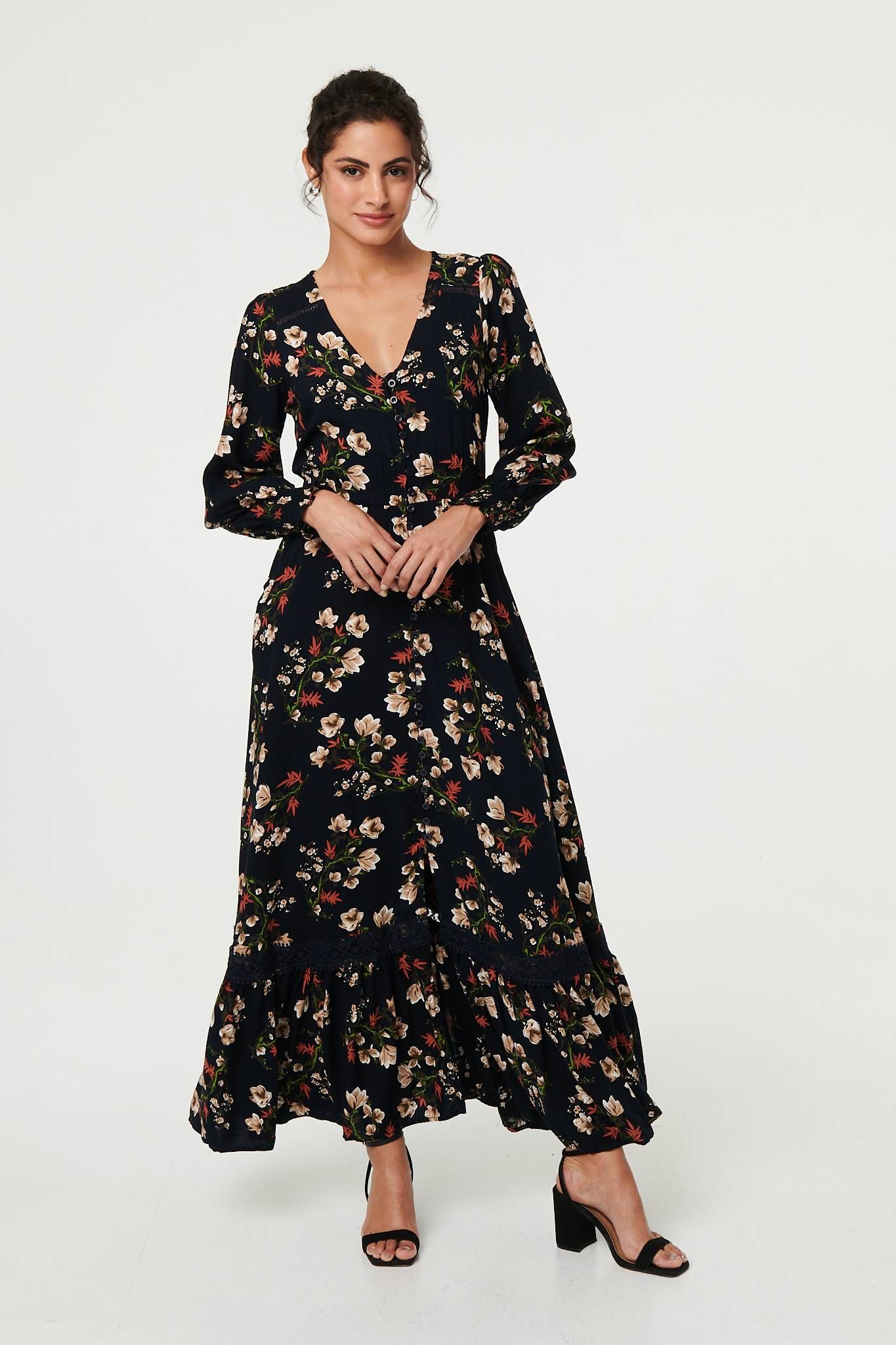 Izabel London Floral Long Sleeve Lace Trim Maxi Dress