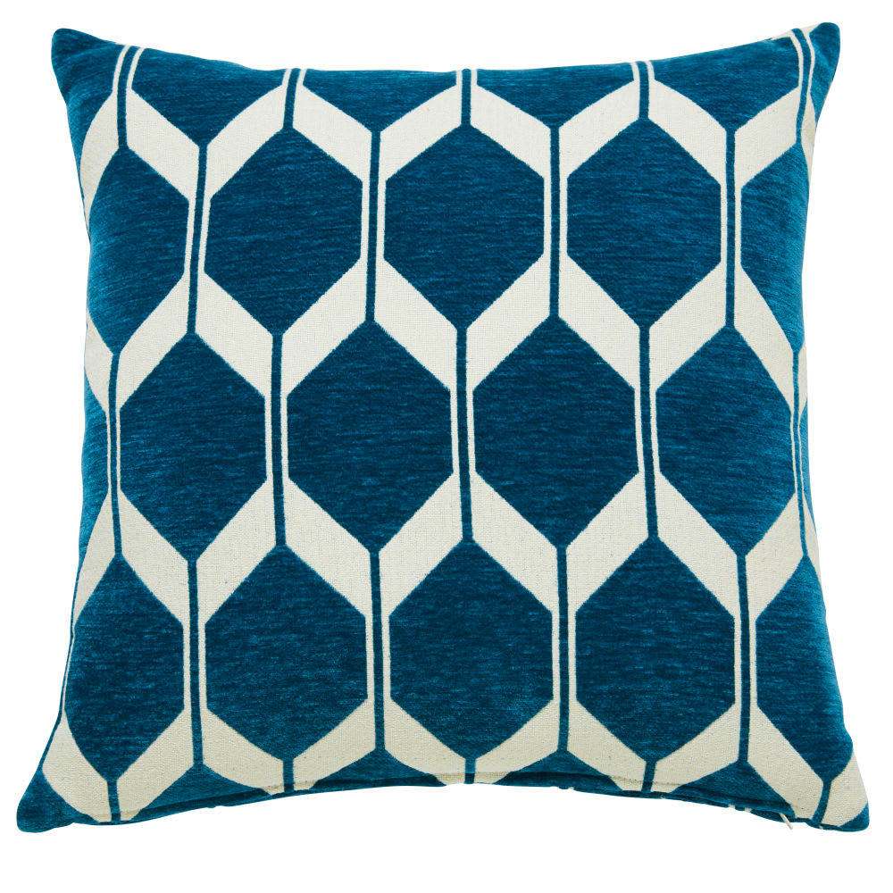 ASTON - Coussin en velours tissé jacquard motifs graphiques bleu canard 45x45