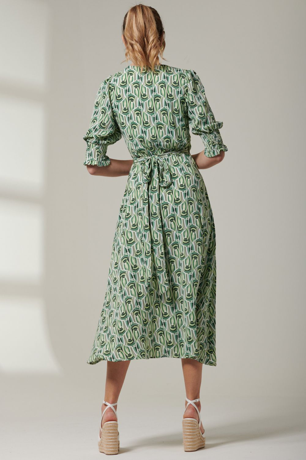 Jolie Moi Ellie Crepe Wrap Puff Sleeve Midi Dress