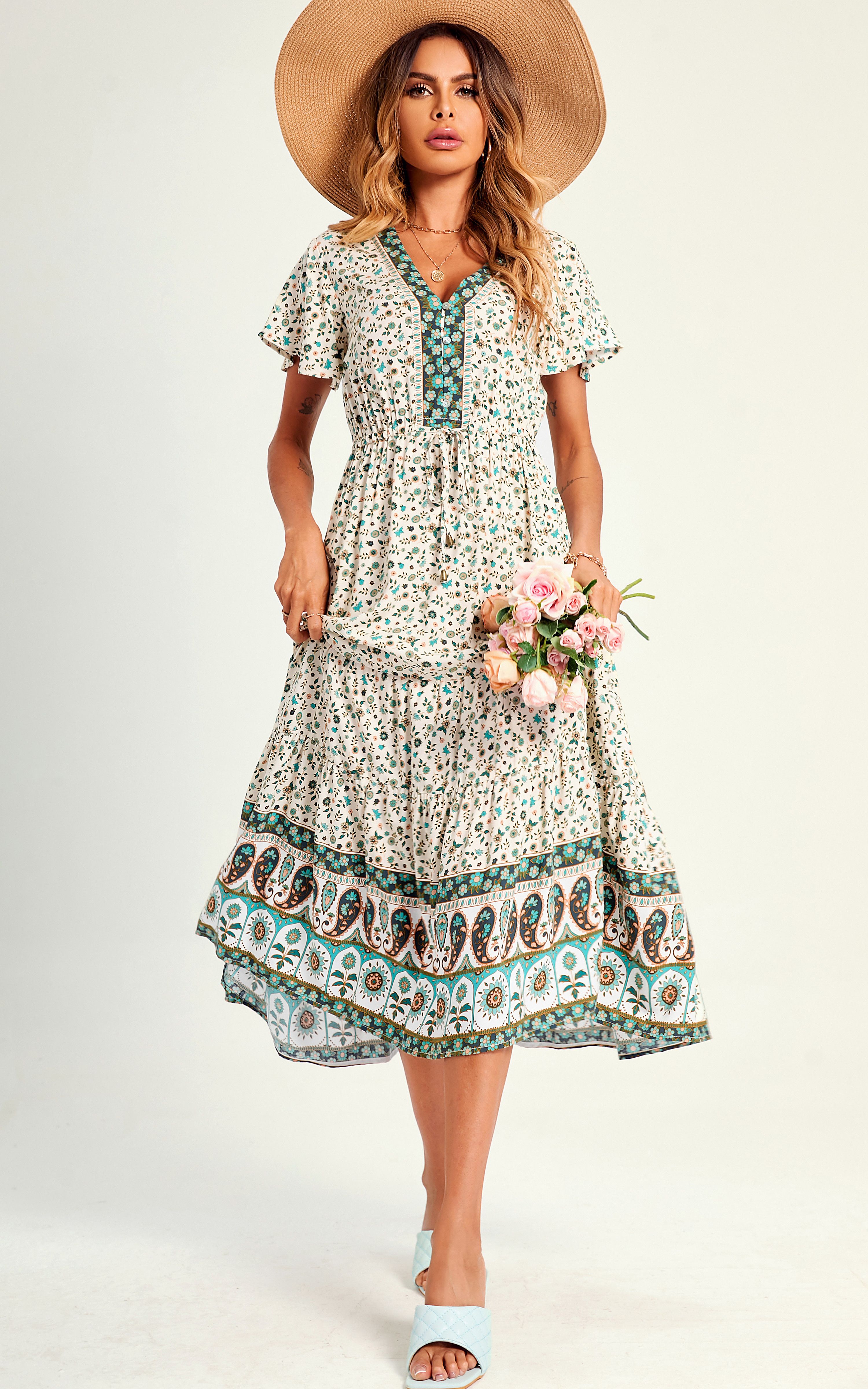 FS Collection Relaxed Red Floral Printed Tiered Midi Dress In Green