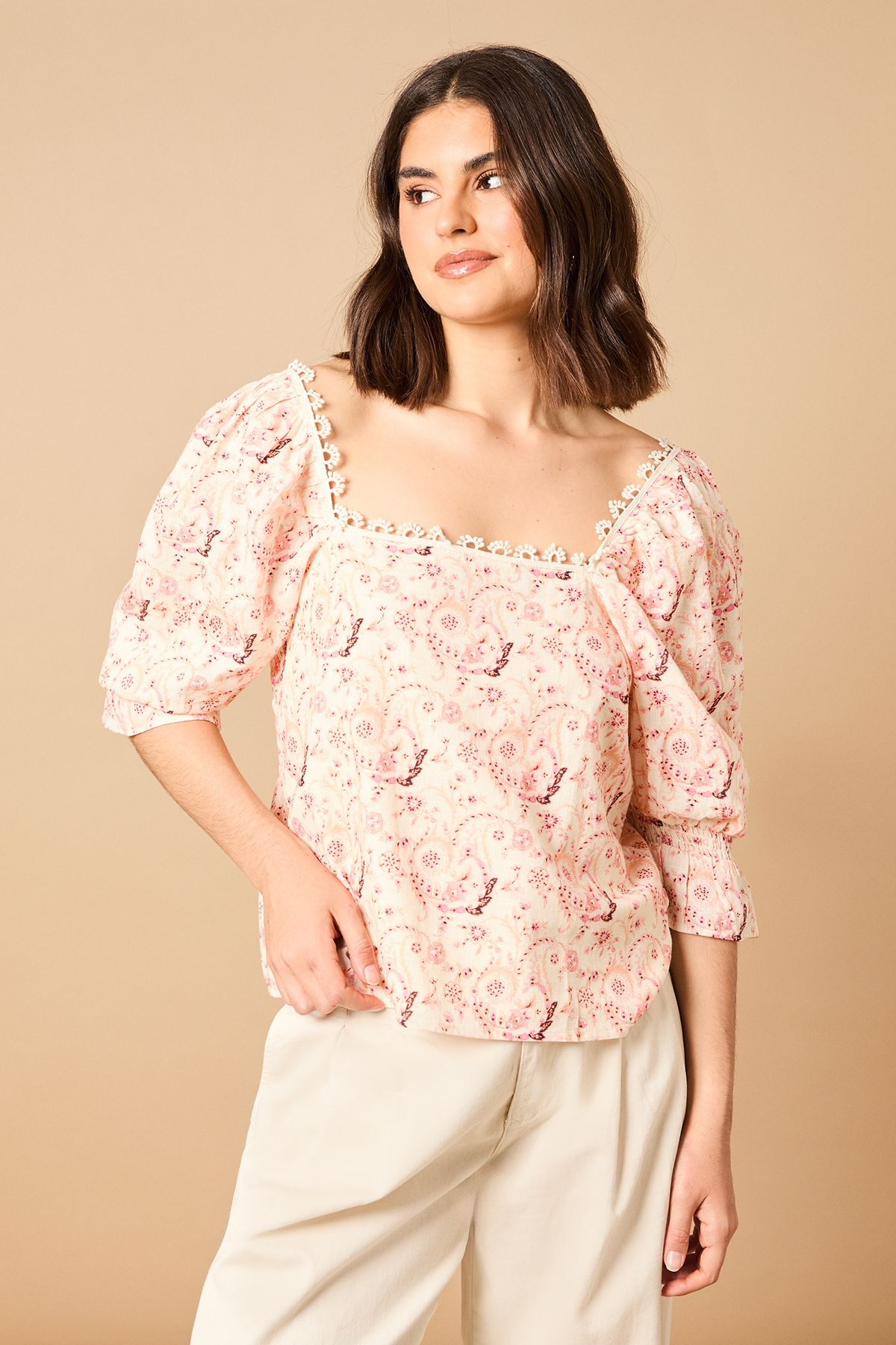 Oasis Printed Square Neck Puff Sleeve Top