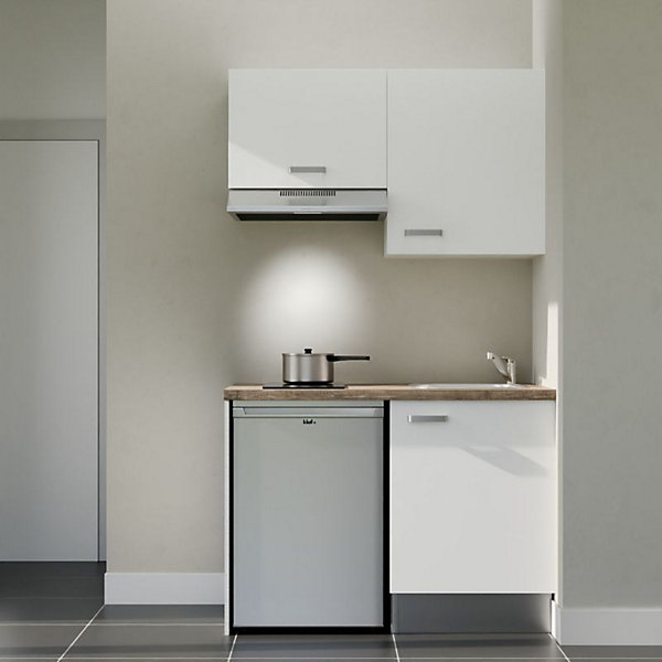 Kitchenette K01 façades Blanc - Plan de travail Bois - Crédences : Non - Evier inox - Electroménager Inox inclus