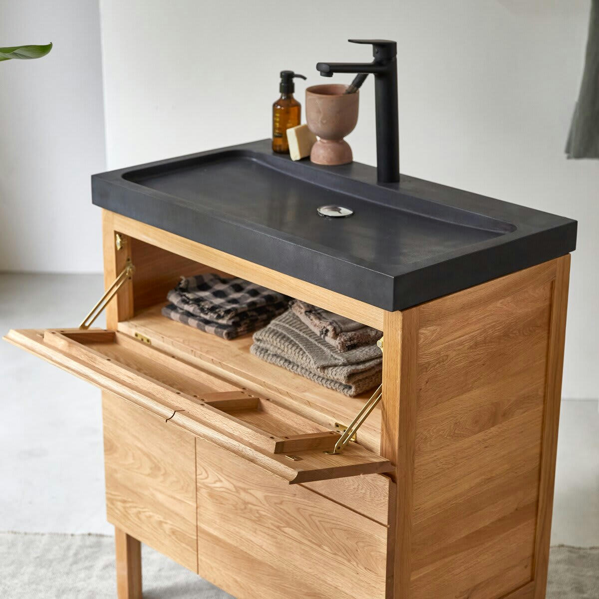 EASY - Meuble salle de bain en chêne massif et pierre de lave 80 cm