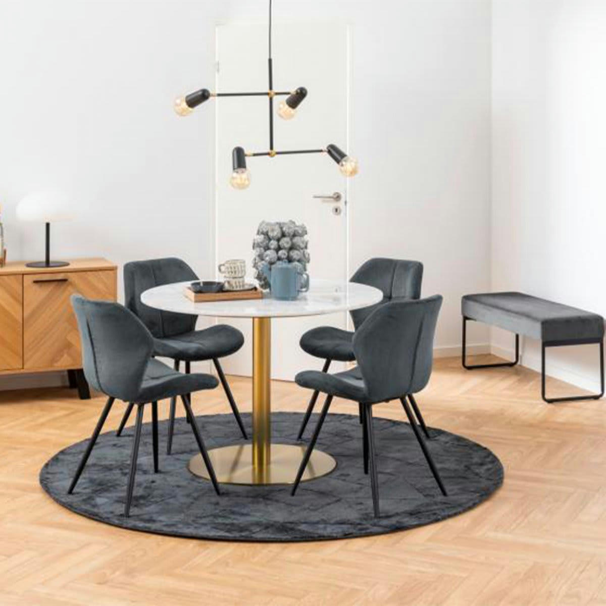 CORBANE - Table à manger ronde en marbre blanc pied doré