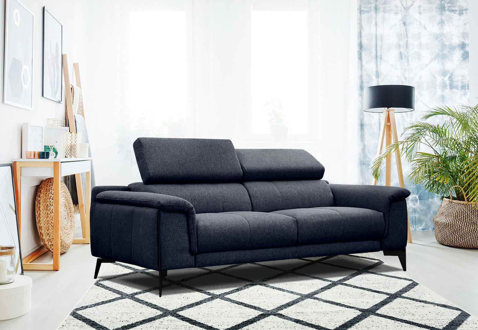 MATERA - Canapé XXL droit 3 places tissu bleu foncé