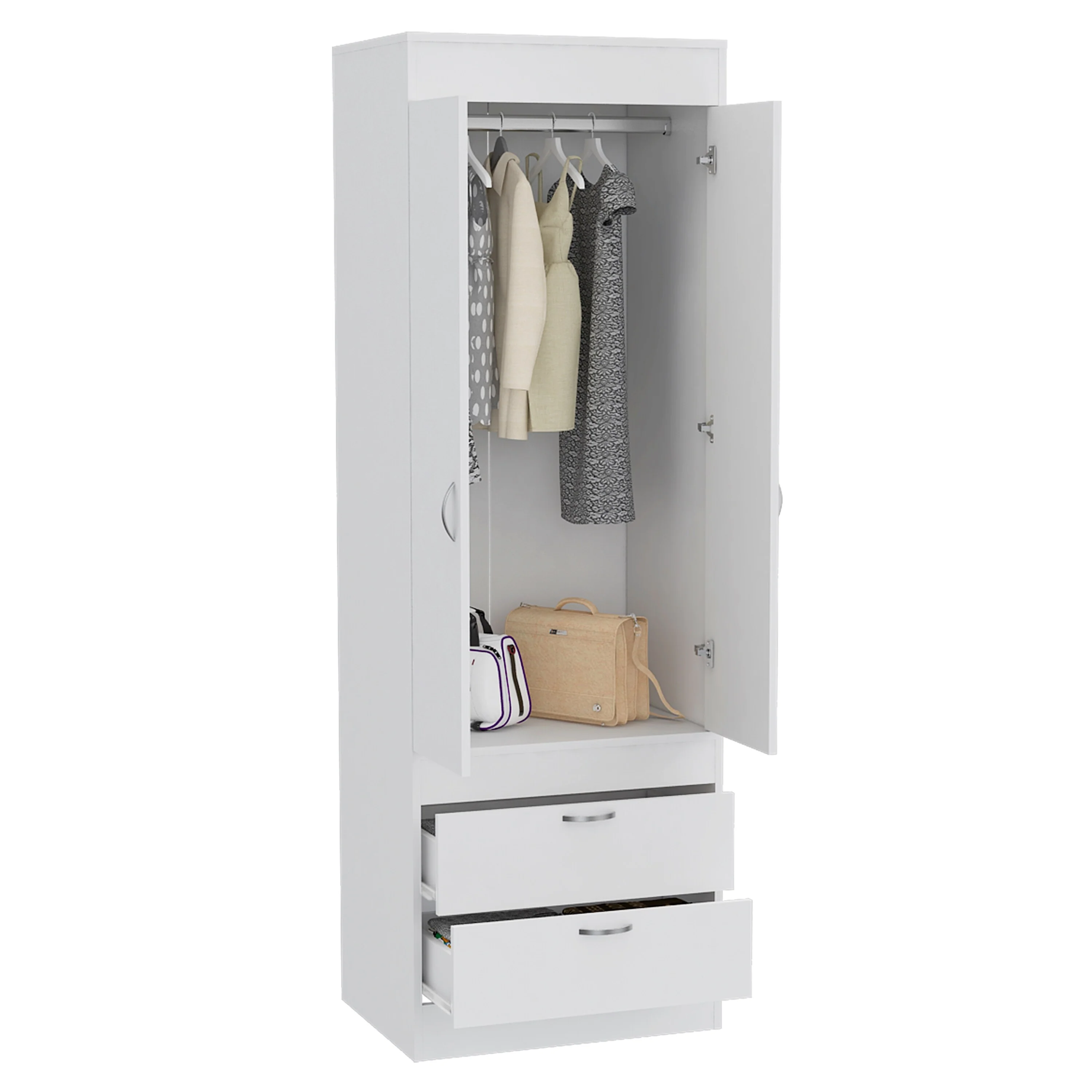23.3 Modern Double-door Armoire with Hanging Rod and Two Drawer for Bedroom