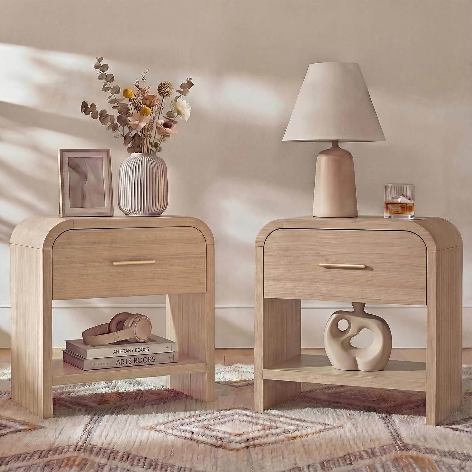 Night Stand Set of 2 [Unique Curved Profile] [FSC-Certified Wooden Board] 1-Drawer and 1 Storage Shelf Nightstand 24 H Metal Handle Modern Bedside Table Side Table End Table for Bedroom