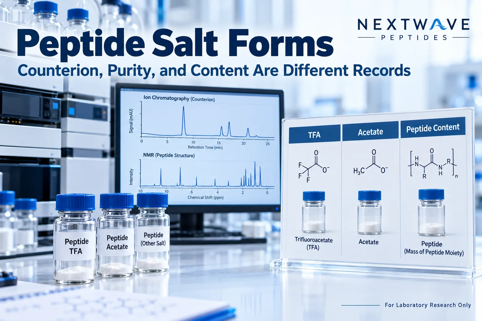 Research peptide vials beside ion chromatography and NMR displays comparing TFA, acetate, and peptide-content records.