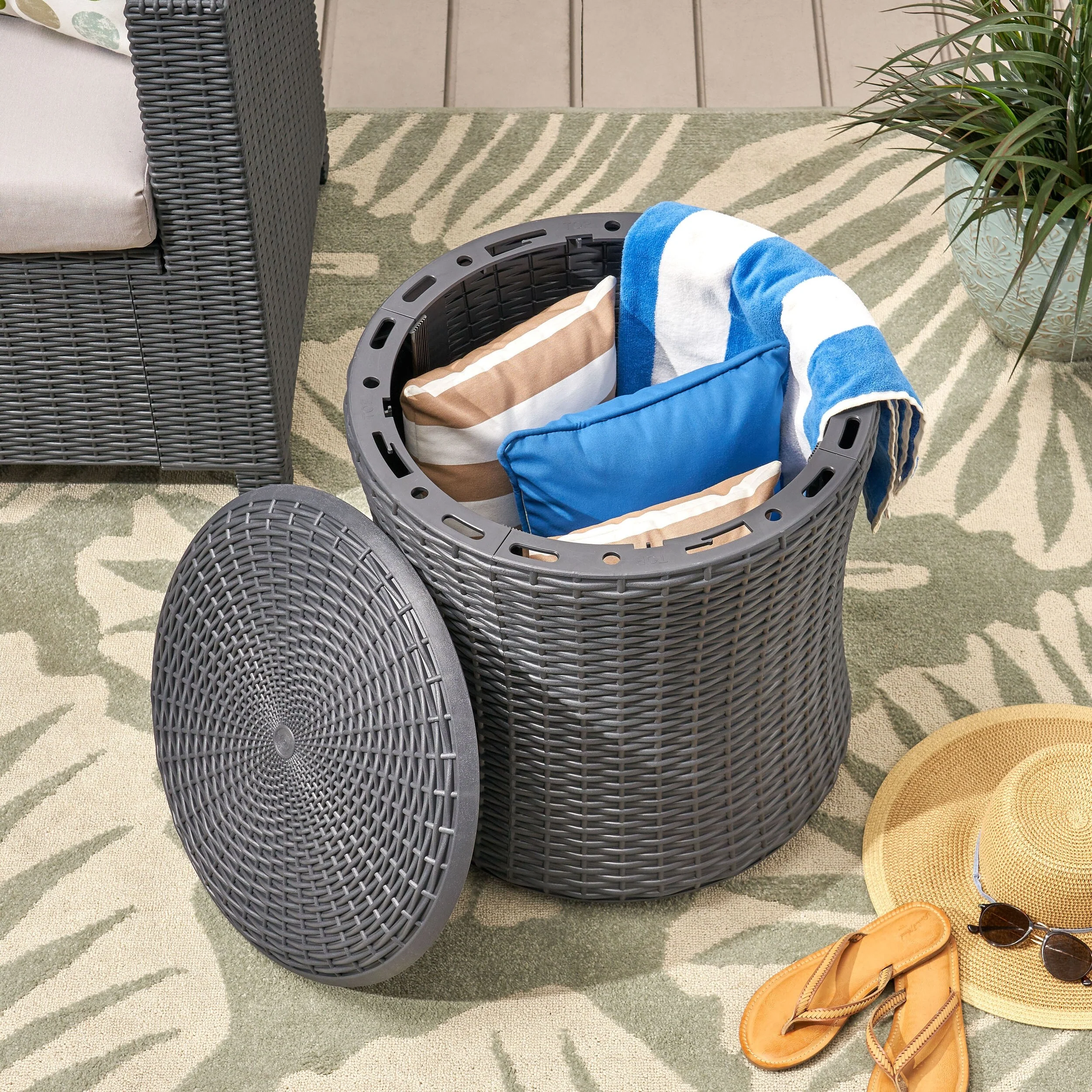 Outside Wicker Side Table Swivel Flip End Table with Storage Space for Garden Backyard, Portable Patio Table