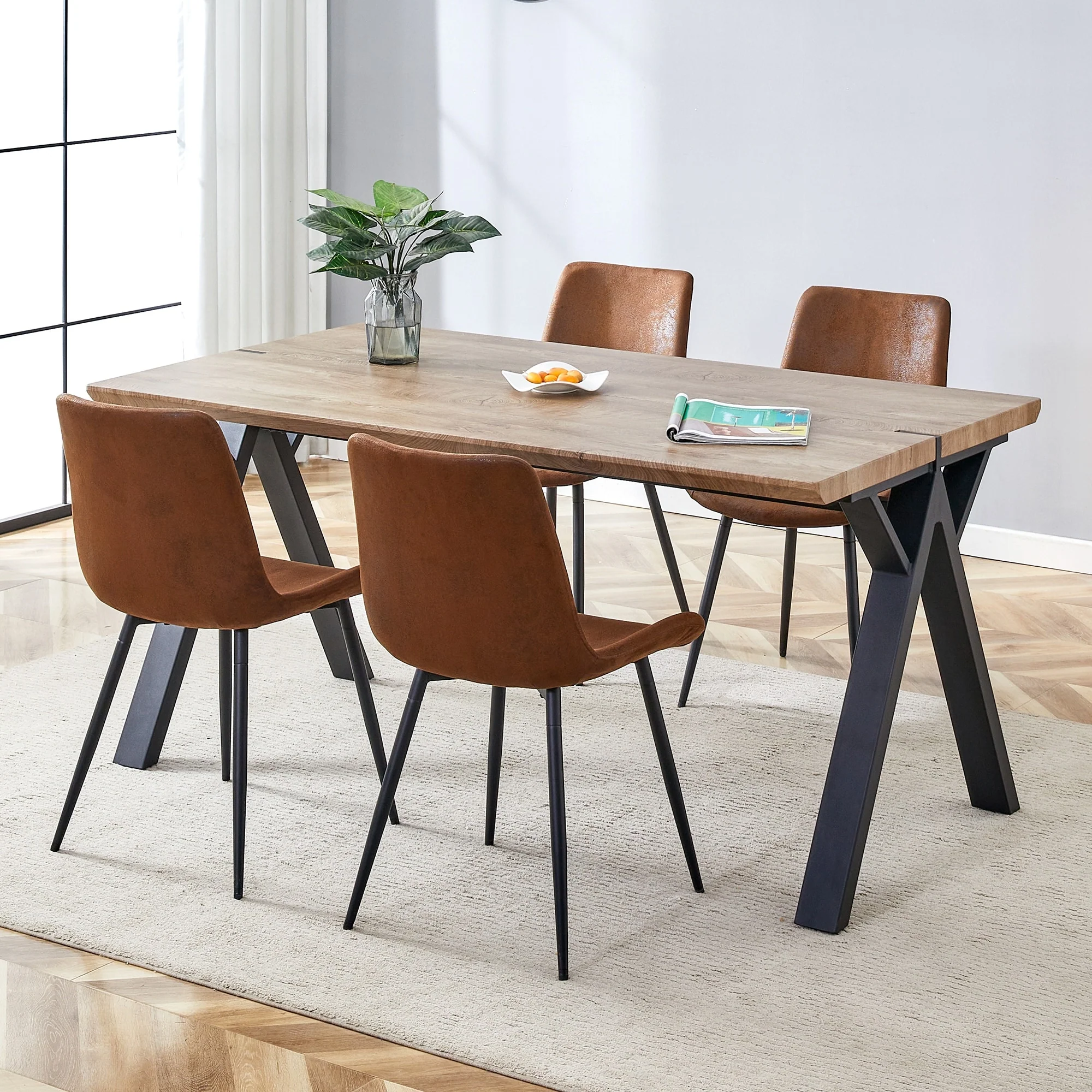 Modern Style Dining Set with Rectangular Black A-Frame Table and Square Corner Backrest Dining Chairs