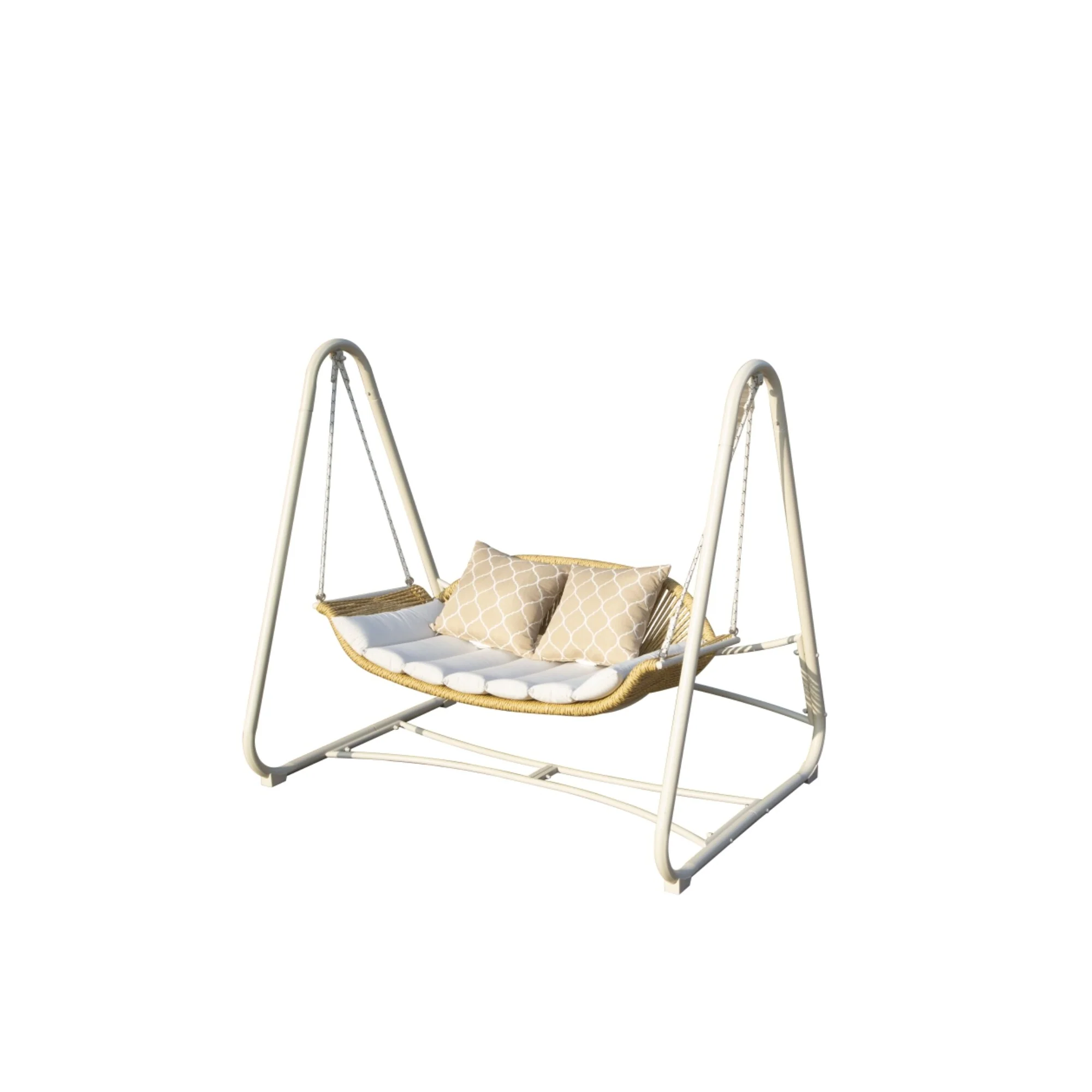 2-Seat Rattan Weave Patio Porch Swing Chair Hammock Chair with Cushions & Removable Pillows, Rust-Proof Hanging Chair