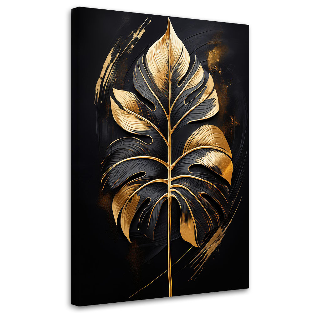 Feeby Obraz na płótnie, Liść Monstery Czarno Złoty 40x60