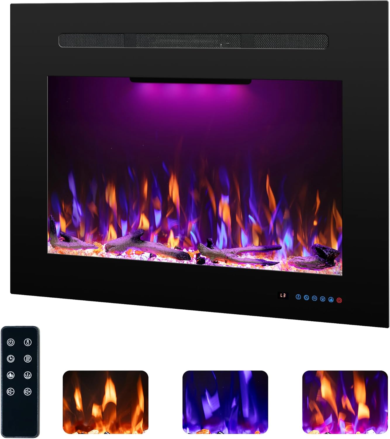 Electric Fireplace Inserts with 3 Flame & Top Light Color, Recessed Fireplace Heater with Thermostat, 750/1500W, Crackling Sound, Logs & Crystals, Timer, 32.2 W x 19.6 H Rear