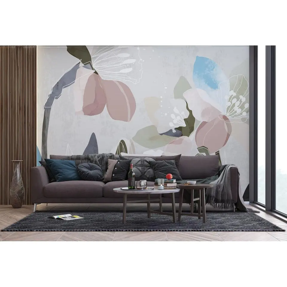 Sanders & Sanders fotobehang bloemmotief grijs, roze en blauw - 270 x 375 cm