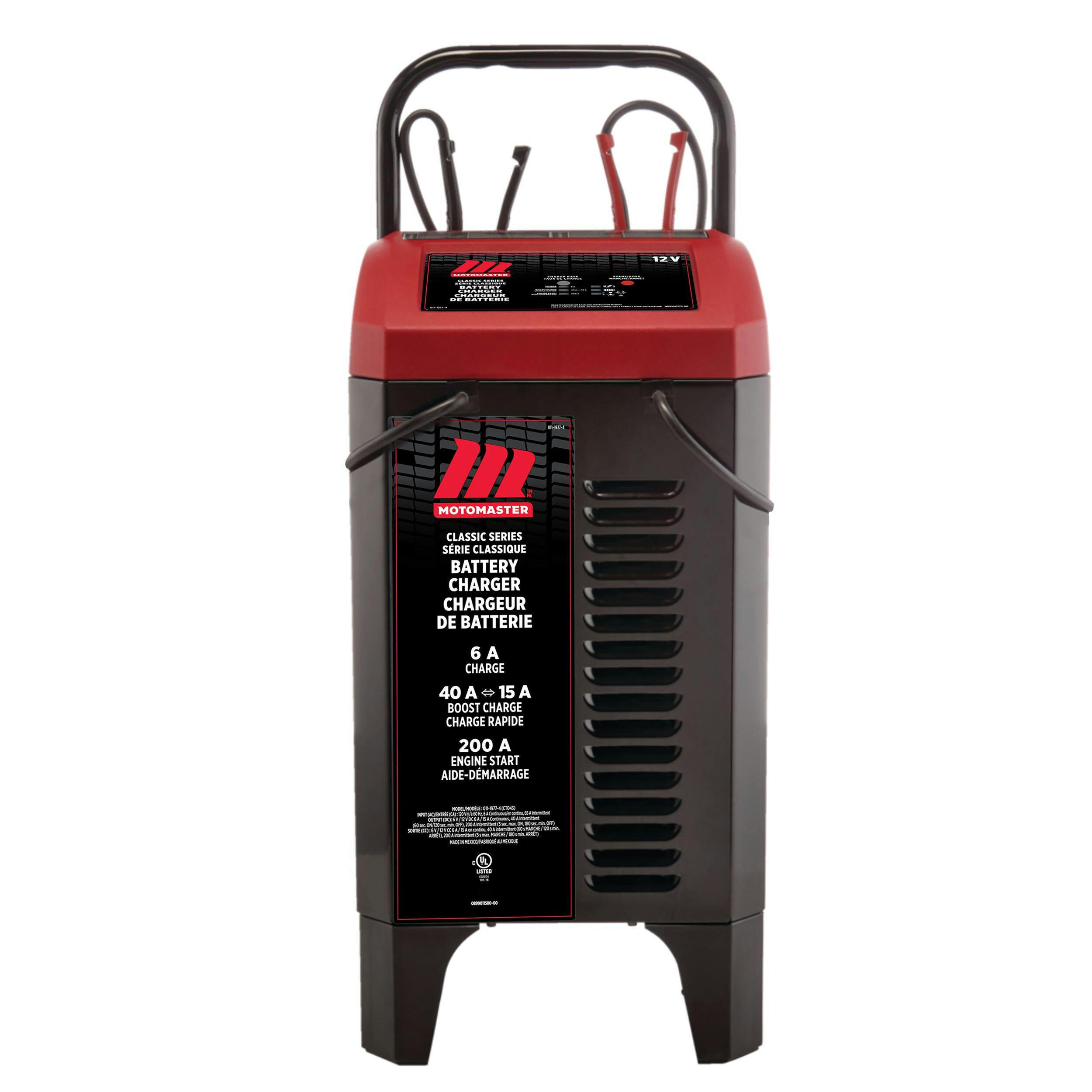 MotoMaster Classic Series Wheeled Smart Battery Charger, Fully Automatic, 40/15/6-Amp, 12V, with 200-Amp Engine Start