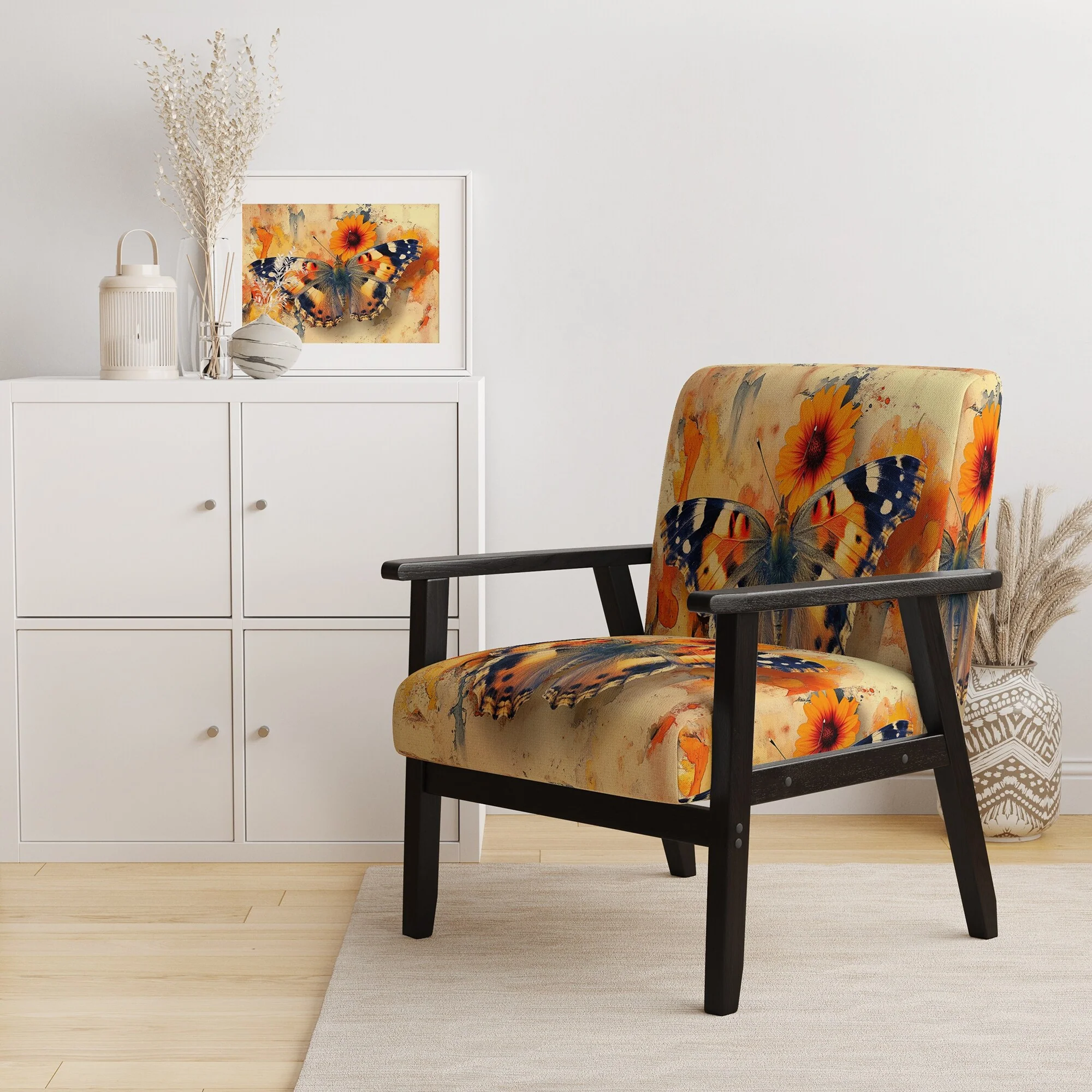 Designart Orange Buttlerfly In Watercolor Upholstered Floral Accent Chair - Traditional Arm Chair For Living Room