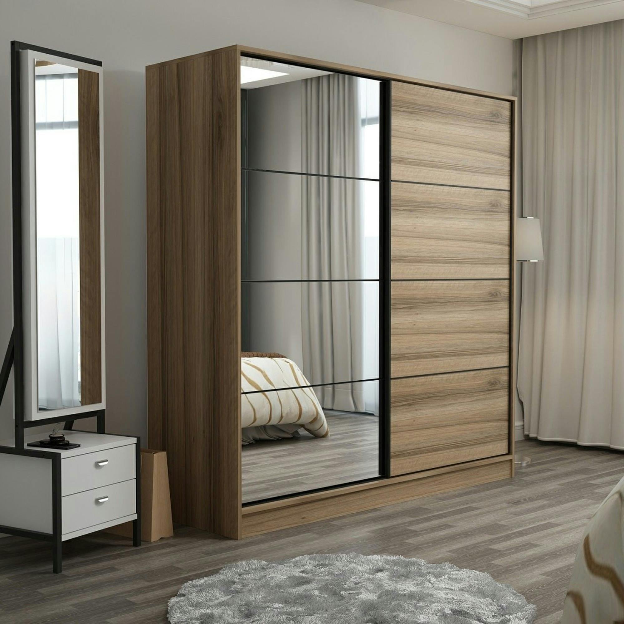 Armoire penderie coulissante effet bois et miroir BYRON