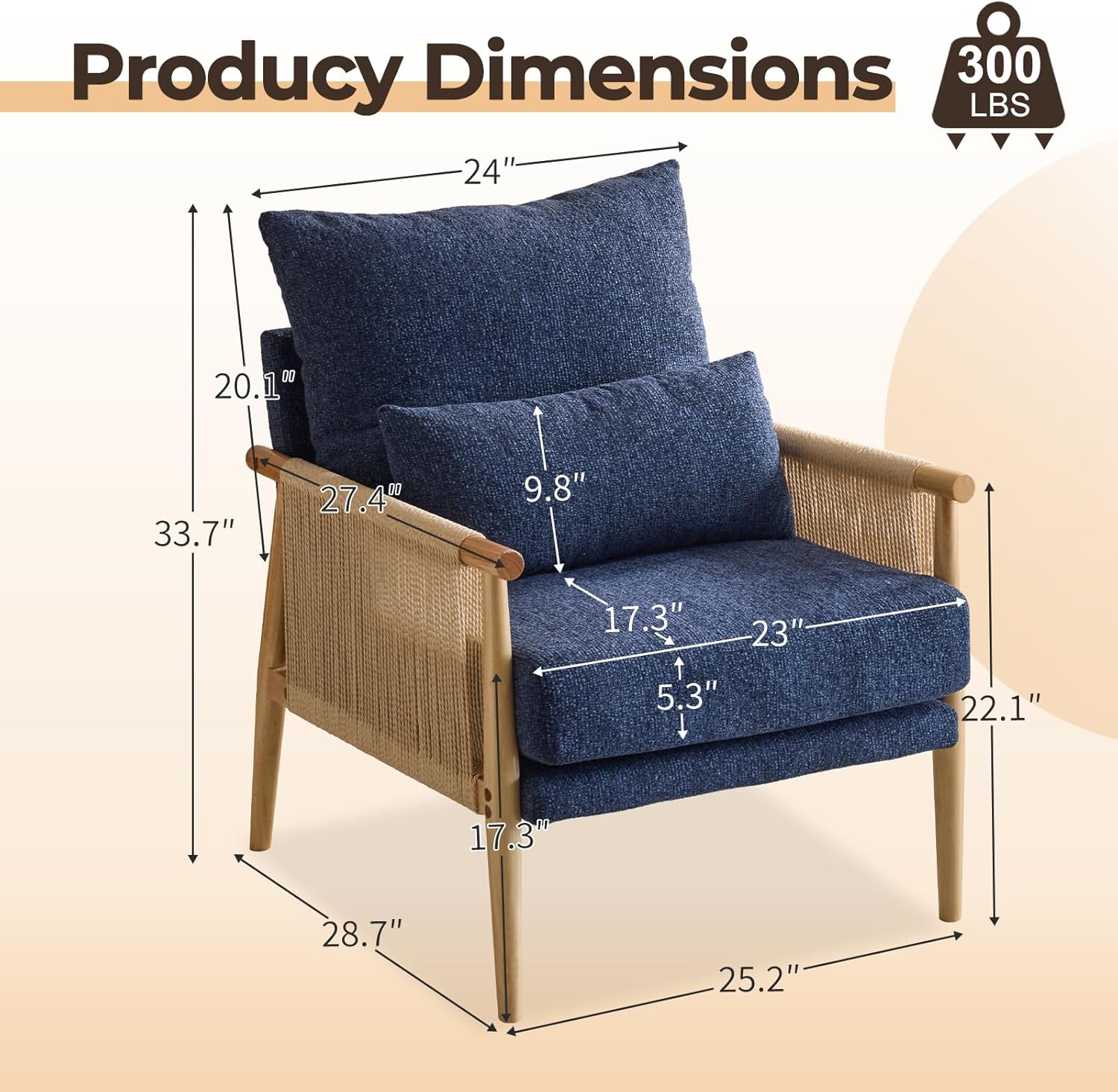 Karl home Cozy Chenille Accent Chair with Lumbar Pillow & Rattan Arms Modern Lounge Chair for Living Room, Bedroom, Reading Nook, Blue