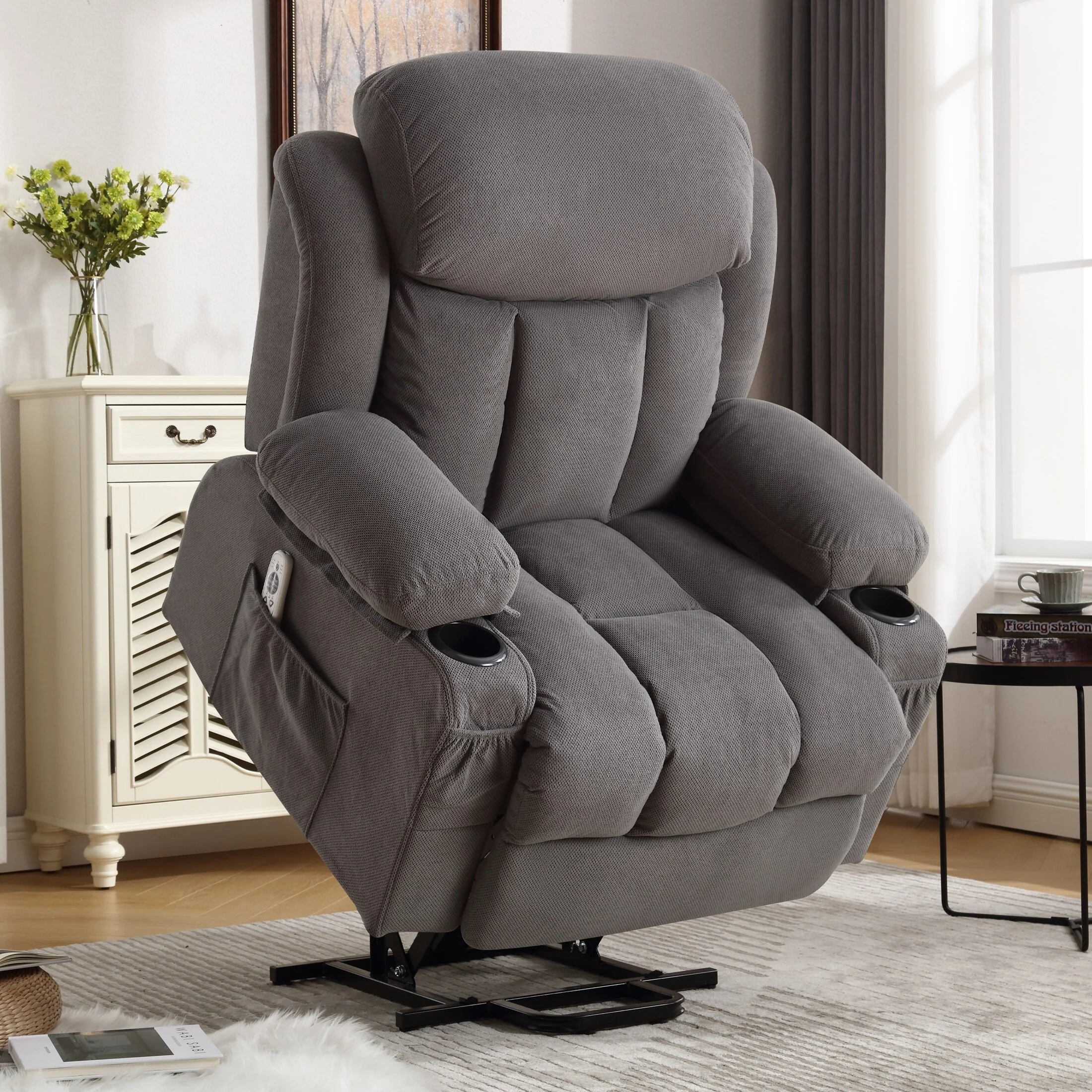 Grey Breathable Fabric Oversized Upholstered Power Lift Massage Recliner with Massage, Lumbar Heating, 2 Cup Holders, USB Port
