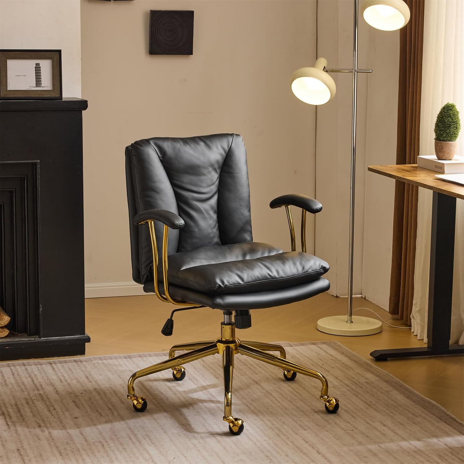VINGLI Home Office Desk Chair Comfy with Wheels & Removable Armrests,Gold Base Vanity Chair with Back, Adjustable Rolling Swivel Computer Task Chair for Study,Makeup,Office,Bedroom,PU Leather,Black