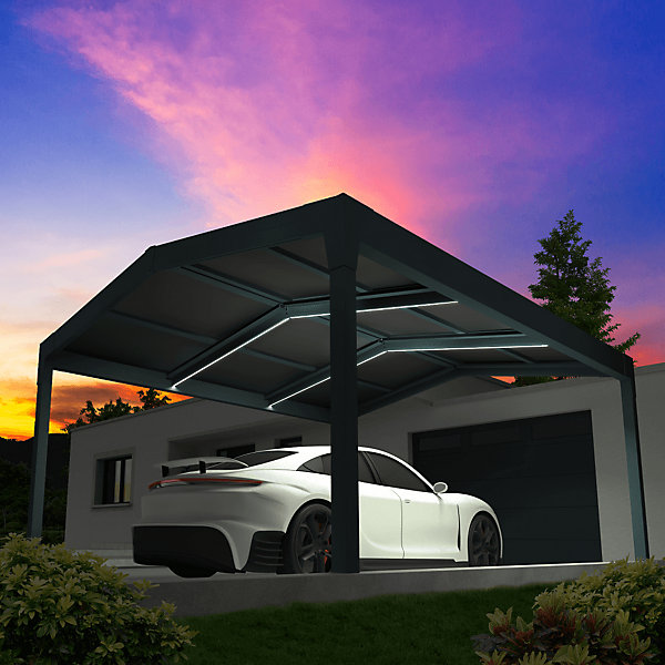 Carport solaire ENERGY 2 pentes Gris anthracite 5,384x4,732m 4800W (Kit LED 2 cotés sur chemin de câble)