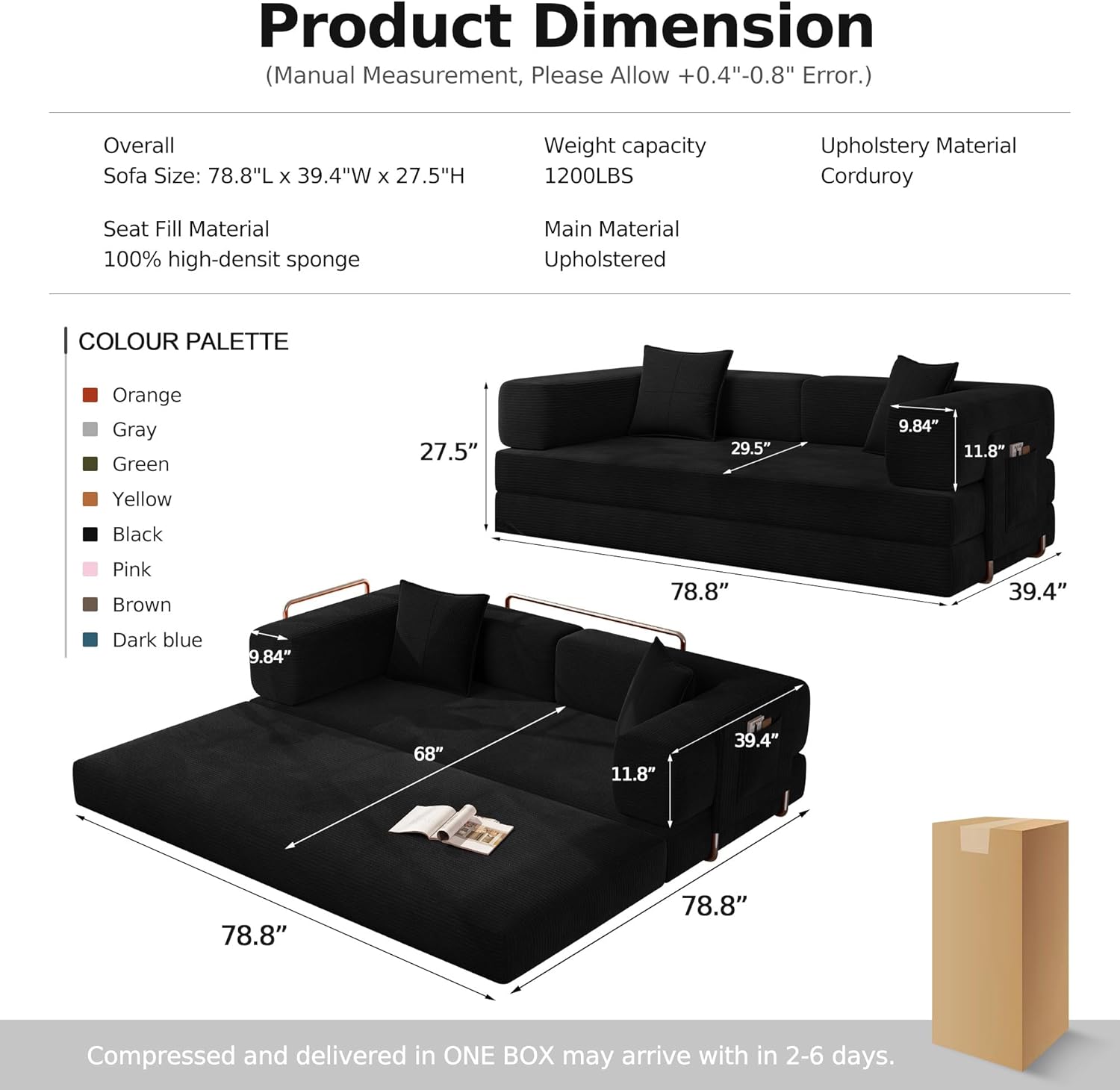 MoonSpeak 78.8''Sleeper Couch Bed for Livingroom,Convertible Modular Sofa with Armrest Pillow,Modular Foldable Corduroy Couches in a Box,No Assembly (Black)