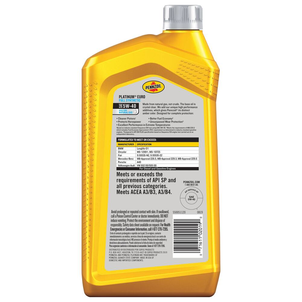 Pennzoil Platinum Euro 5W40 Synthetic Engine/Motor Oil, 946-mL