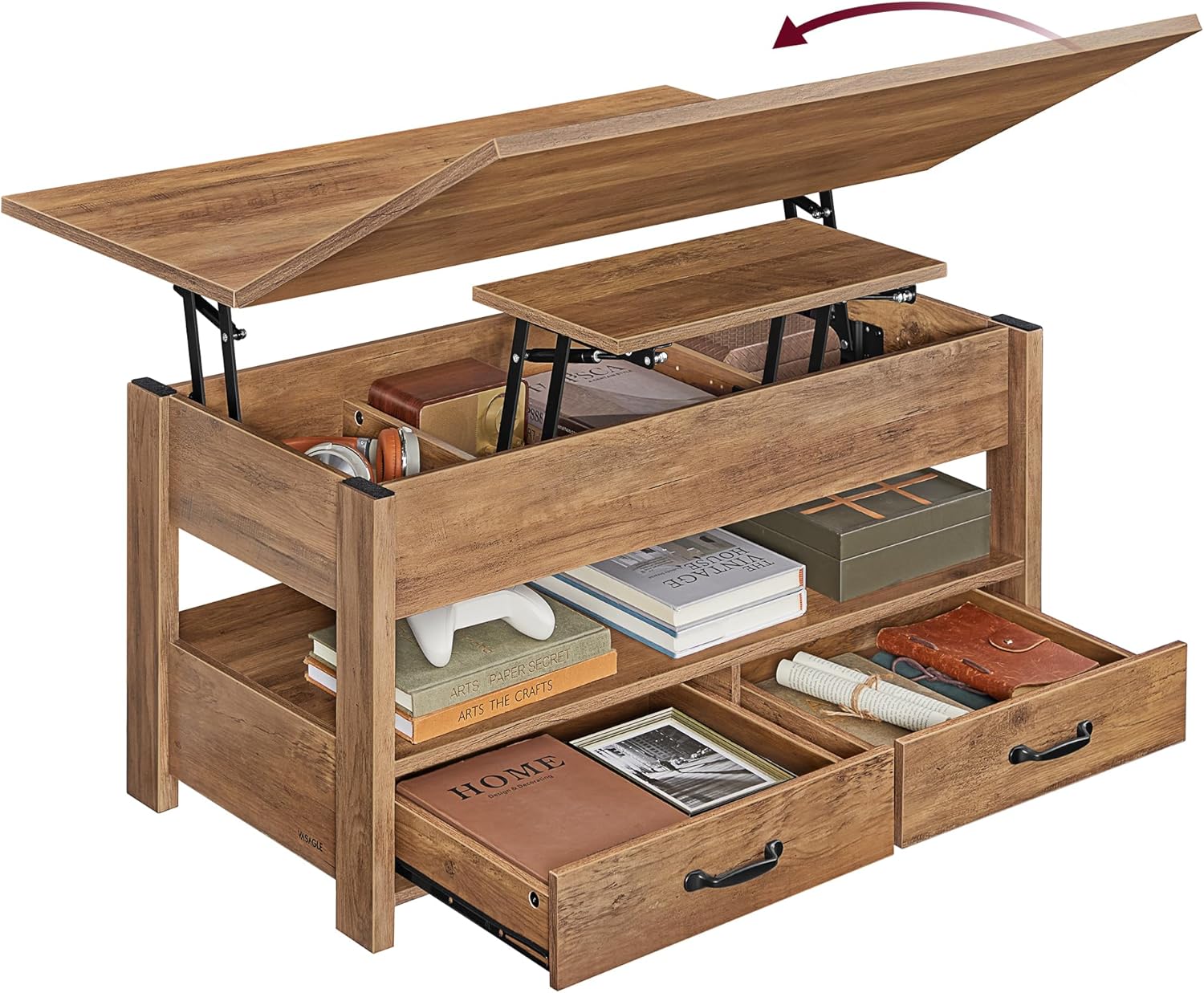 VASAGLE Coffee Table Lift Top, 3 in 1 Center Table with Storage, Gas Spring, 2 Drawers and 3 Hidden Compartments, Open Shelf, for Living Room, Home Office, Honey Brown ULCT254K01