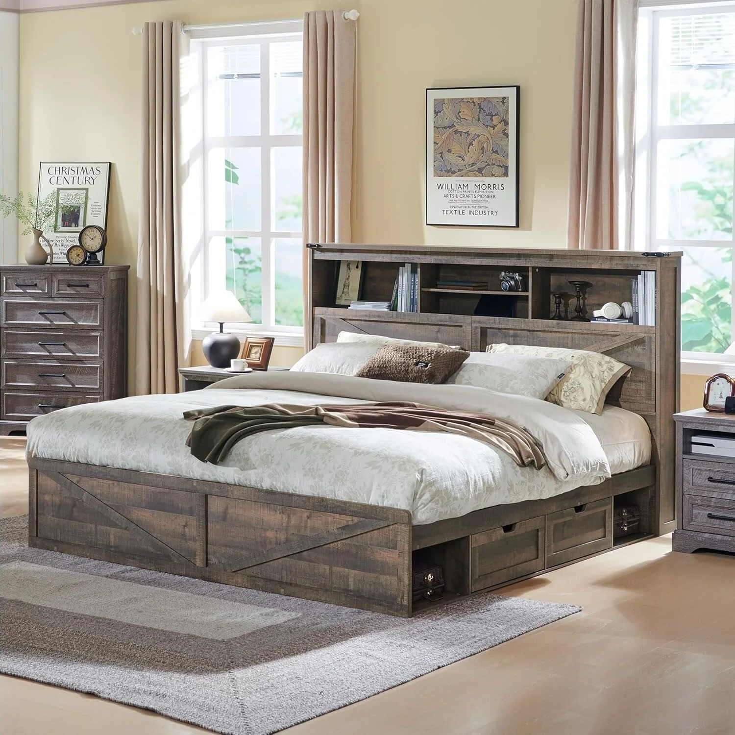 Farmhouse King Size Wood Bed Frame with Storage Headboard and Drawers