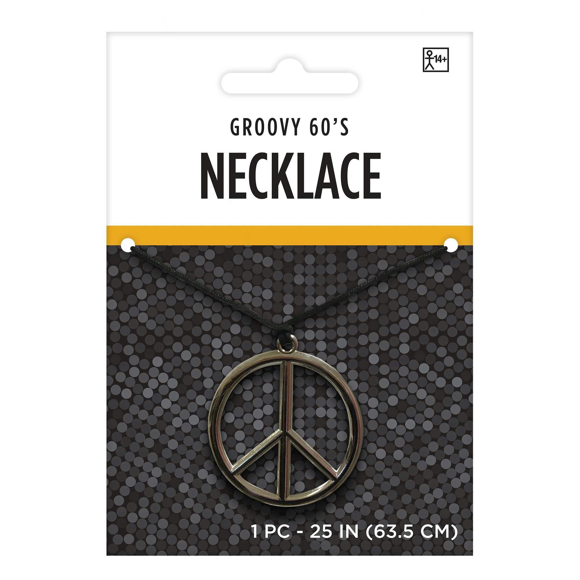 Hippie Peace Sign Pendant Necklace Jewelry, Silver, 24-in, Wearable Costume Accessory for Halloween