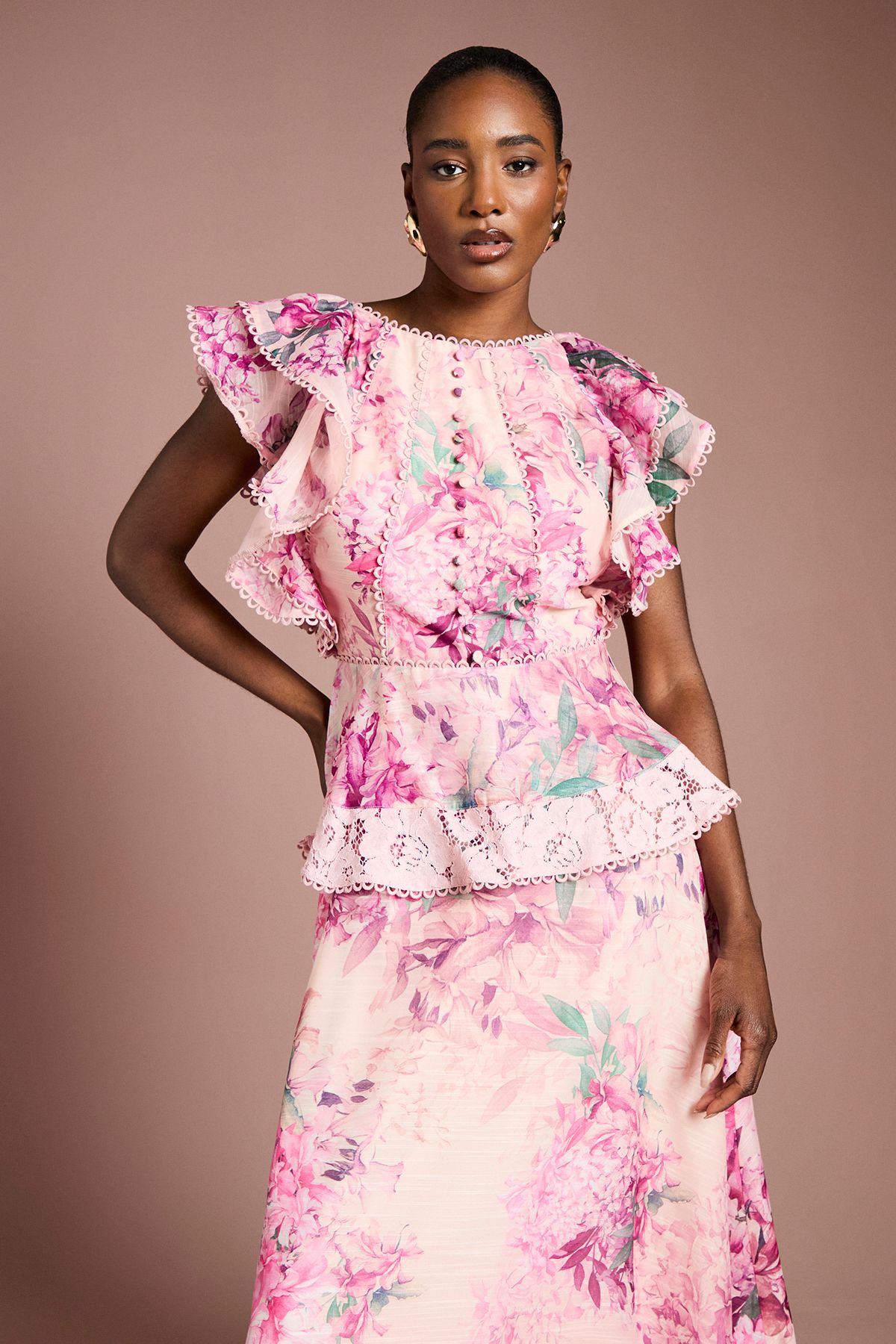 Coast Lace Trim Printed Ruffle Midi Dress