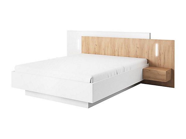 Lit avec chevets 160 x 200 cm - 2 tiroirs - Avec LEDs - Blanc et naturel   Sommier   Matelas Essentiel - FRANCOLI