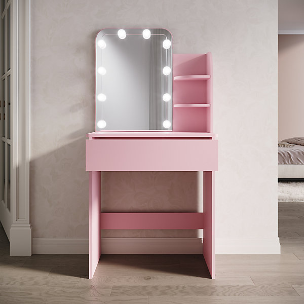 Coiffeuse avec Miroir SIRHONA Rose 70x40x140cm Table de Maquillage   Grands Tiroirs   Nombres étagères   10 Lampe
