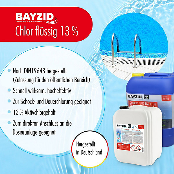 Chlore Liquide 48degréeBayzid 1 x 12,5 Kg (10 L), Désinfection Rapide Et Efficace Pour Piscines