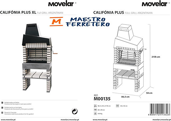 MOVELAR - Barbecue préfabriqué à bois et charbon de bois California Plus Full Grill (Beige - 86,5x58x215 cm) REF : M00135