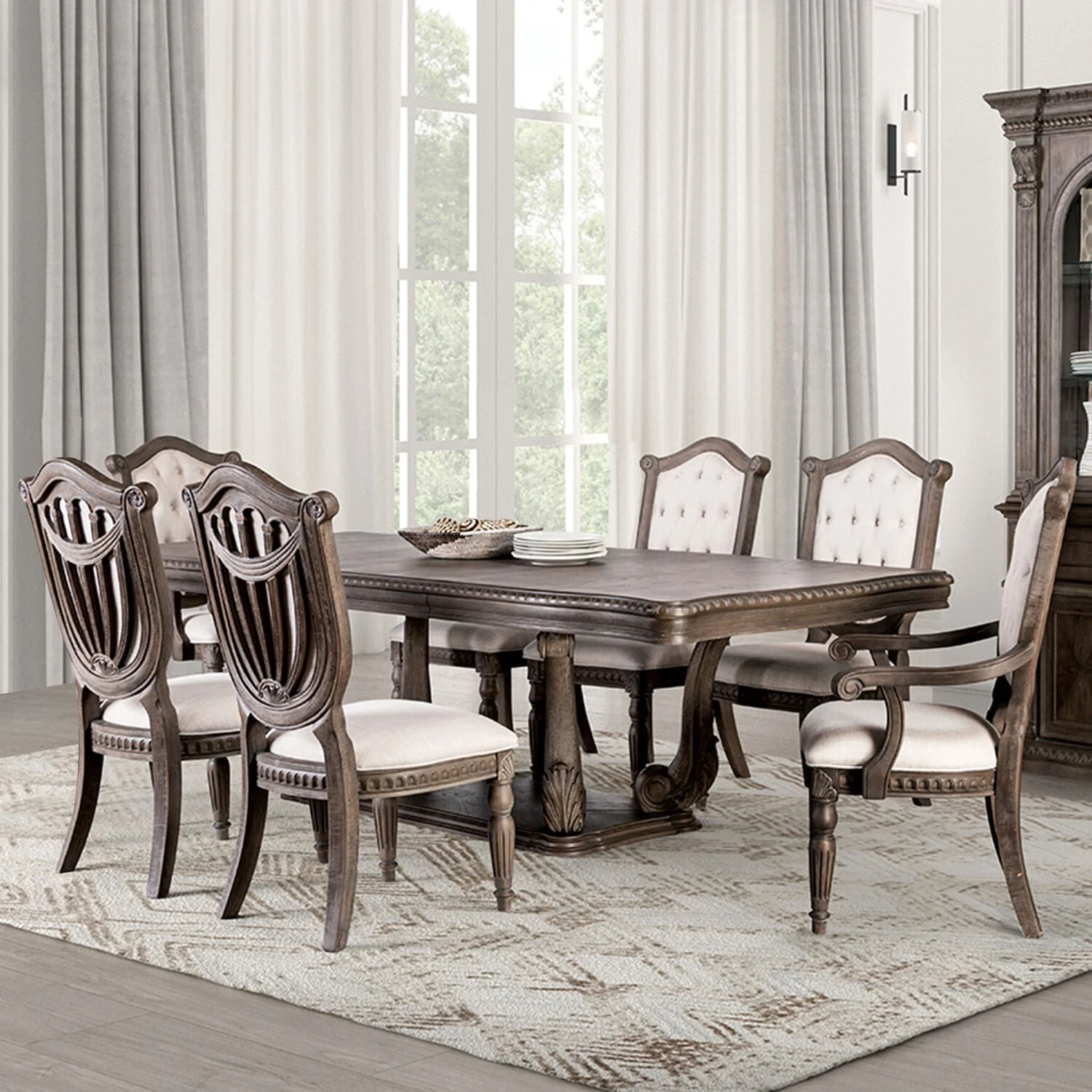 Rectangular Wooden Dining Table with Upholstered Seat in Weathered Oak and Beige