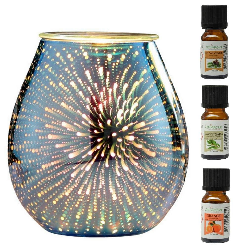 CALORYA N°6 - Diffuseur et Trio d'Huiles Essentielles en verre Bleu Effet 3D - H16