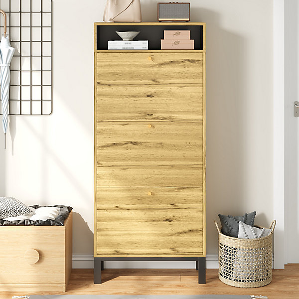 Meuble à Chaussures étroit avec Abattant et Compartiments de Rangement, Pieds Métal, pour Entrée, en MDF, Naturel