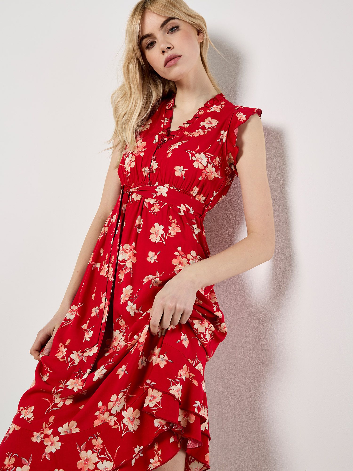 Apricot Painterly Floral Midi Dress