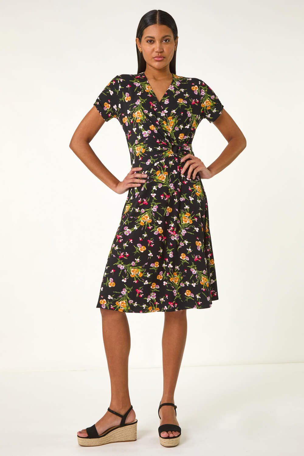 Roman Floral Stretch Ring Detail Midi Dress