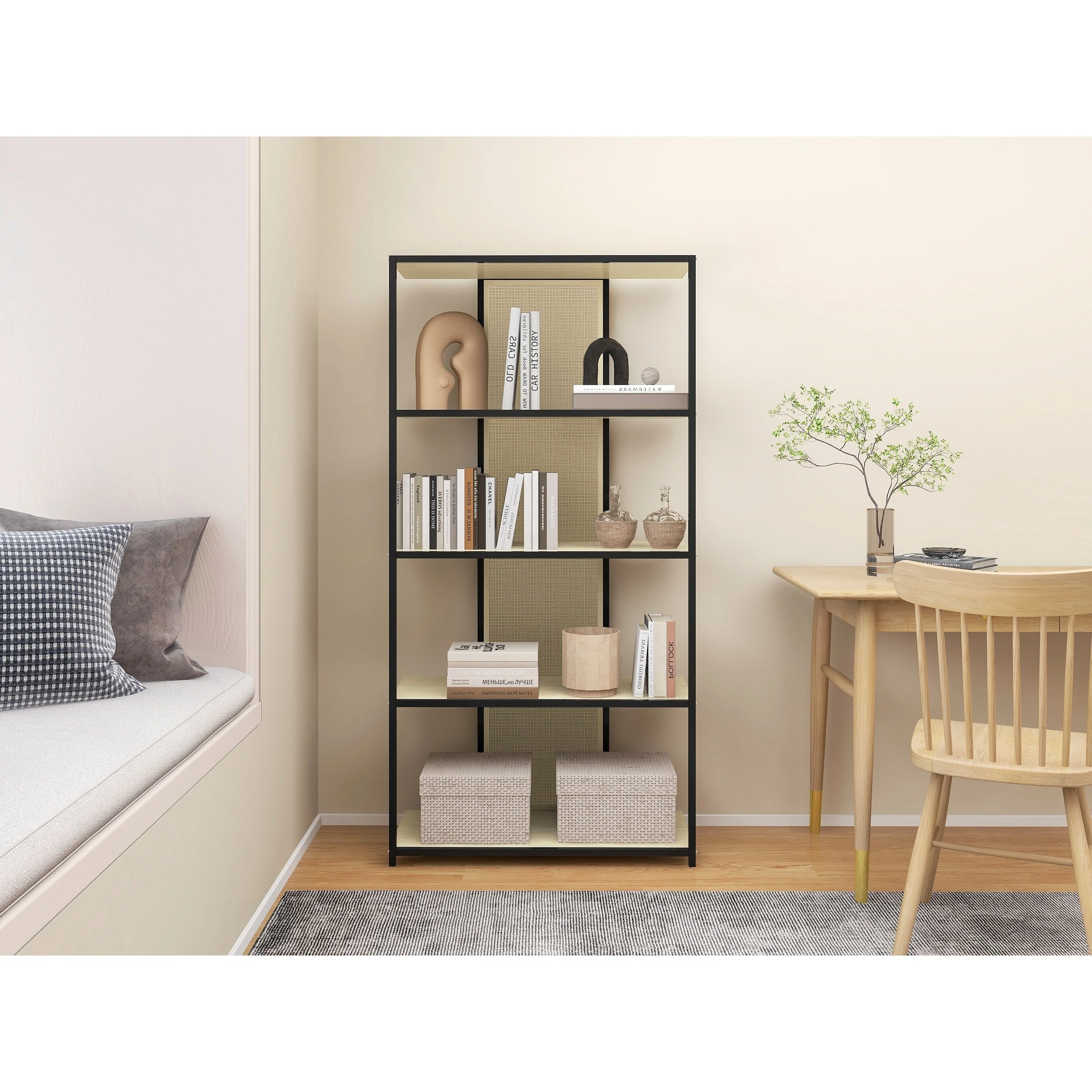 Rattan and Metal Bookshelf Rack - 13.39 x 31.50 x 63.00