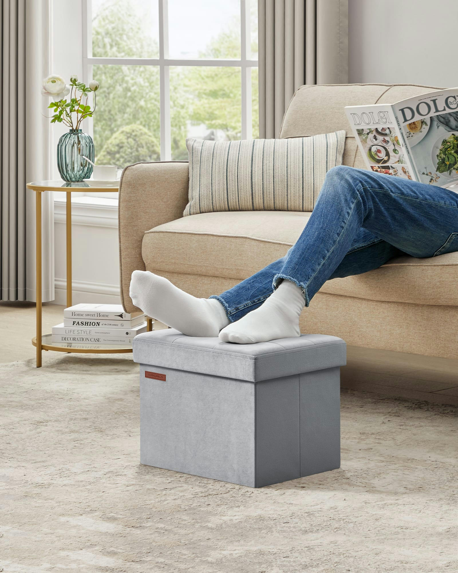 - Banc de rangement mdf 31 x 41 x 31 cm velours gris tourterelle